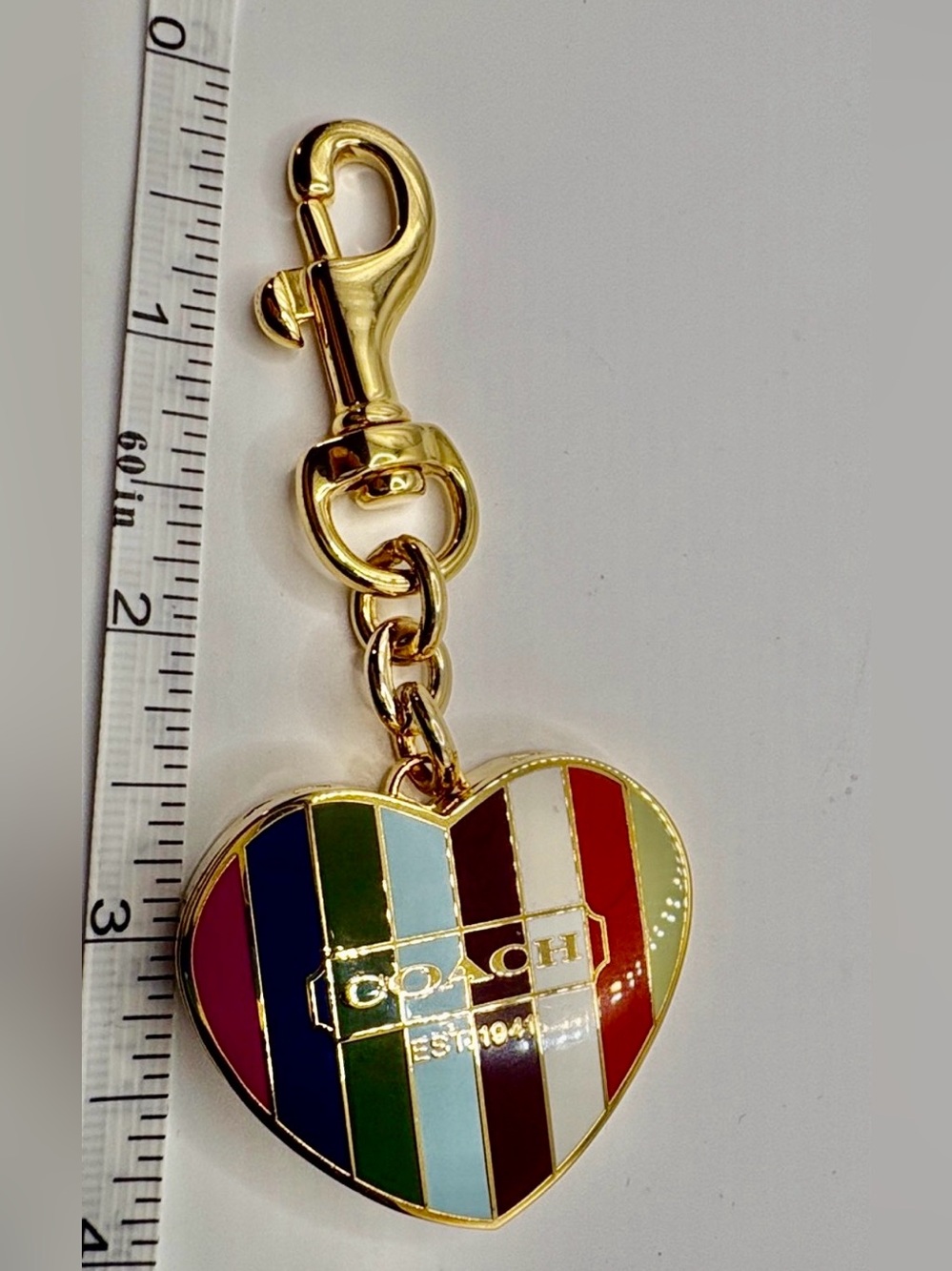Coach Legacy Multicolor Stripe Heart Keychain/bag charm with Gold Hardware EUC